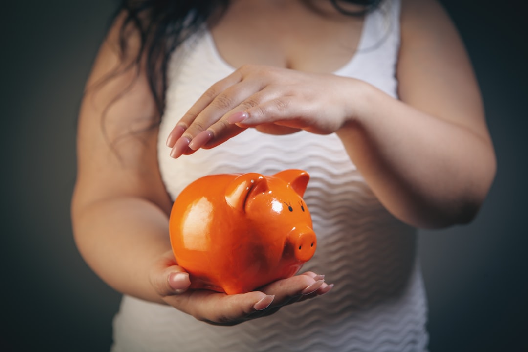 team-02 Piggy bank in the hands of a woman on a dark background